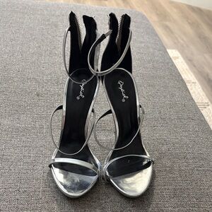 Qupid Metallic Silver Multi-Strap High Heel Sandals